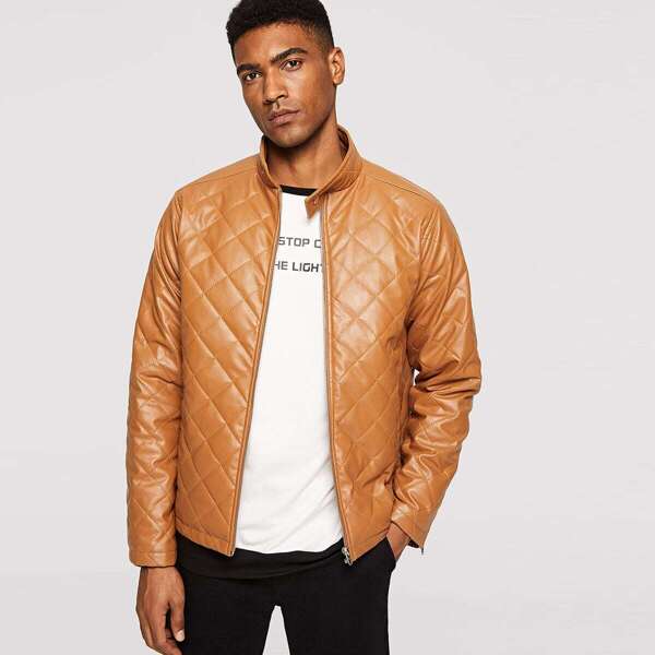 

Men Zip Cuff Quilted Faux Leather Jacket