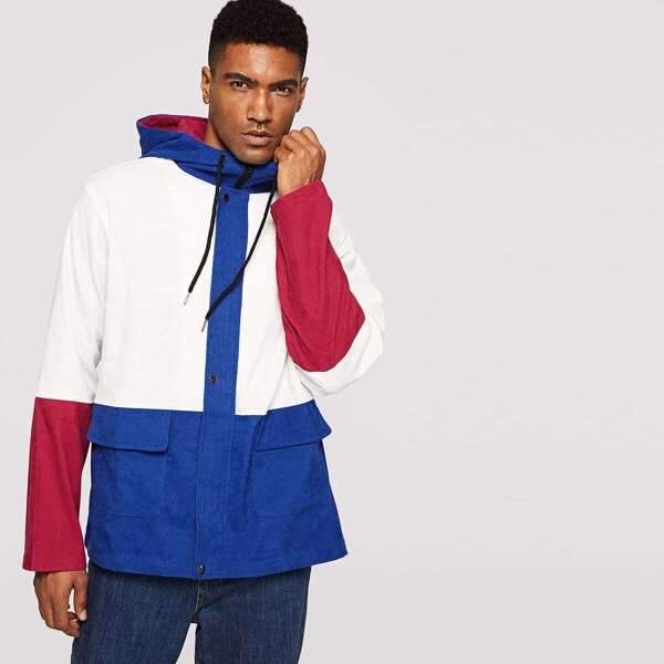 

Men Flap Pocket Front Color Block Corduroy Hooded Jacket, Multicolor