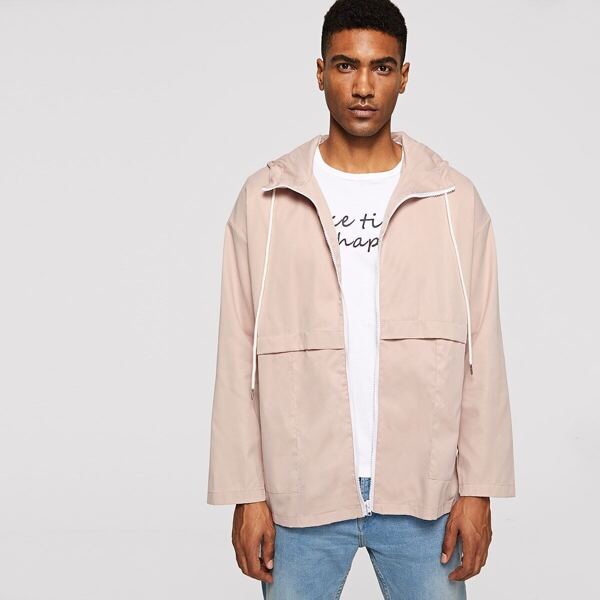 

Men Zip Up Drawstring Hooded Jacket, Pink