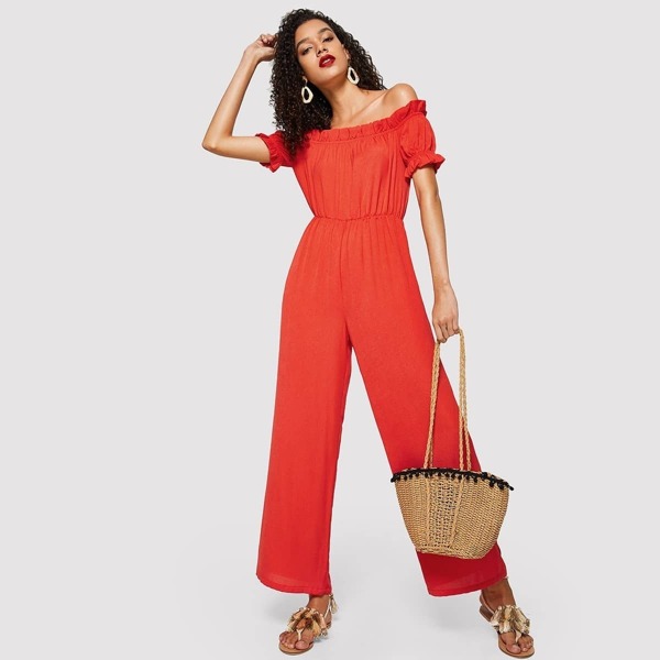 

Off Shoulder Ruffle Detail Palazzo Jumpsuit, Red