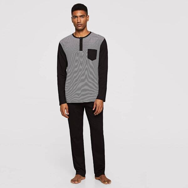 

Men Pocket Front Striped Top & Pants Pajama Set