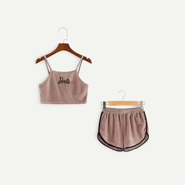 

Girls Embroidered Crop Velvet Cami Top & Shorts PJ Set