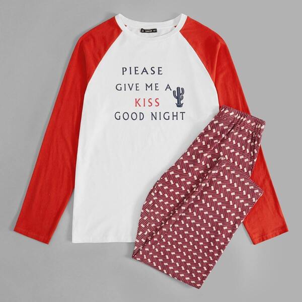 

Men Raglan Sleeve Letter Print Tee & Pants PJ Set