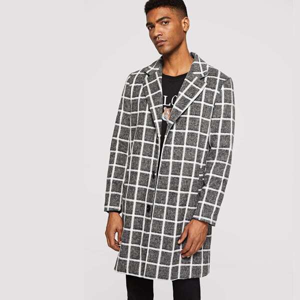 

Men Notch Collar Button Up Grid Coat, Grey