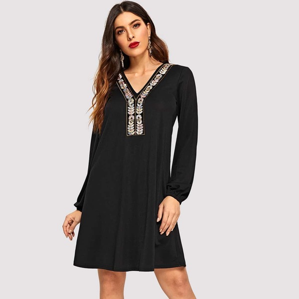 

V-neck With Plant Embroidered Swing Dress