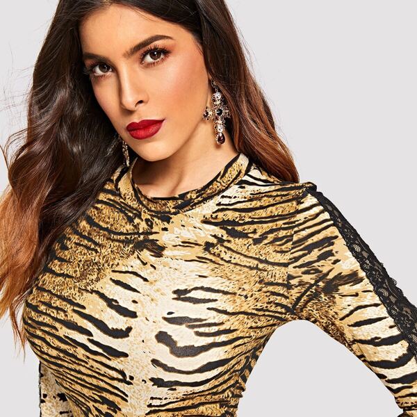 

Mock-neck Lace Insert Leopard Bodycon Dress, Multicolor