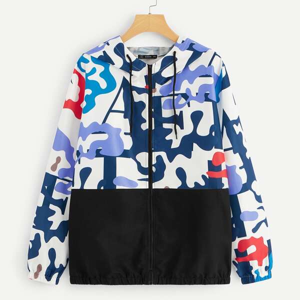 

Plus Colorblock Camo Print Hooded Jacket