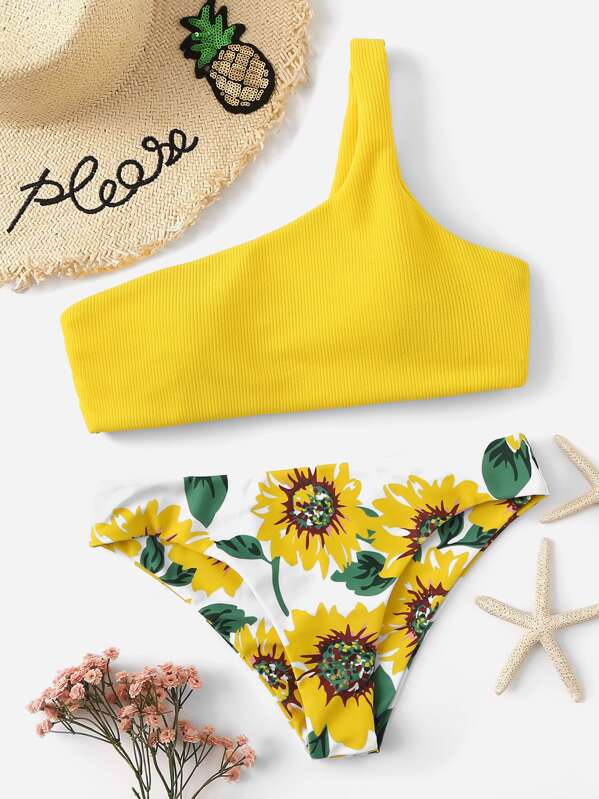 

Random One Shoulder Sunflower Bikini Set, Yellow