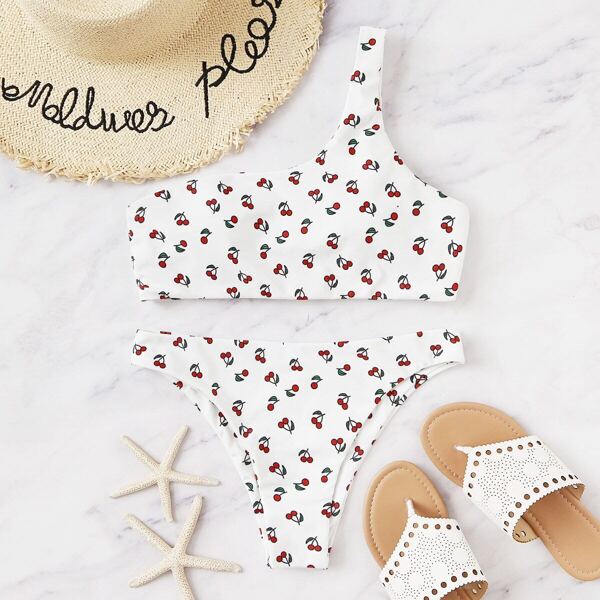 

Random One Shoulder Cherry Print Bikini Set