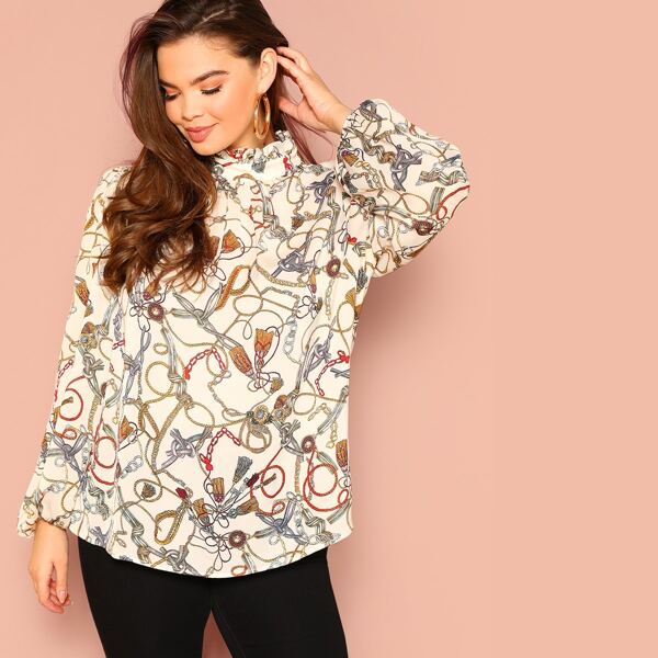 

Plus Frill Neck Chain Print Blouse