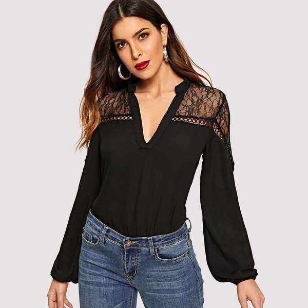 

Lace Yoke Eyelet Trim Top