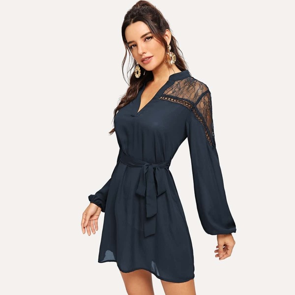 

Mesh Insert V Neck Belted Dress