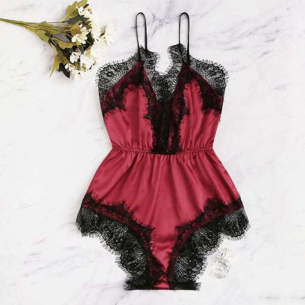 

Lace Trim Satin Romper Bodysuit