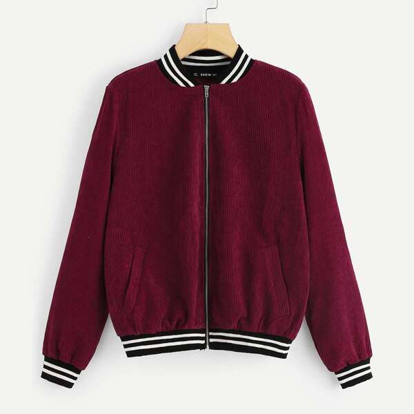 Zip Up Striped Trim Bomber Jacket