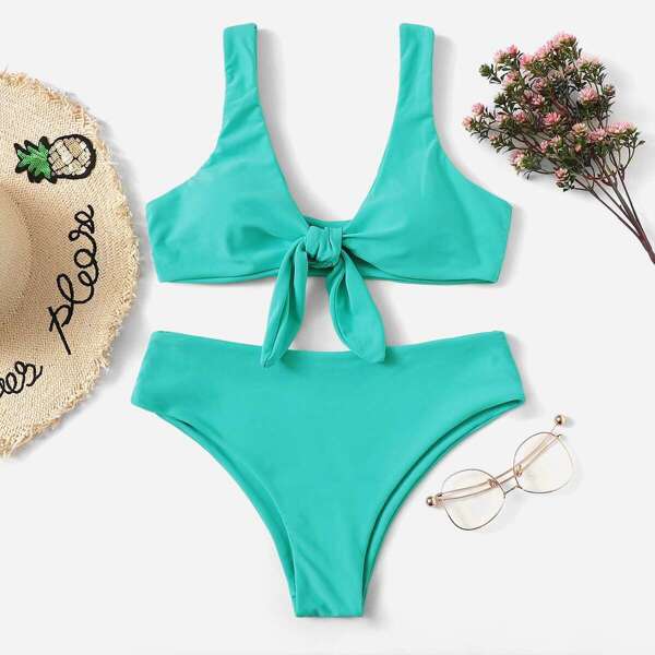 

Knot Front Top With Panty Bikini Set