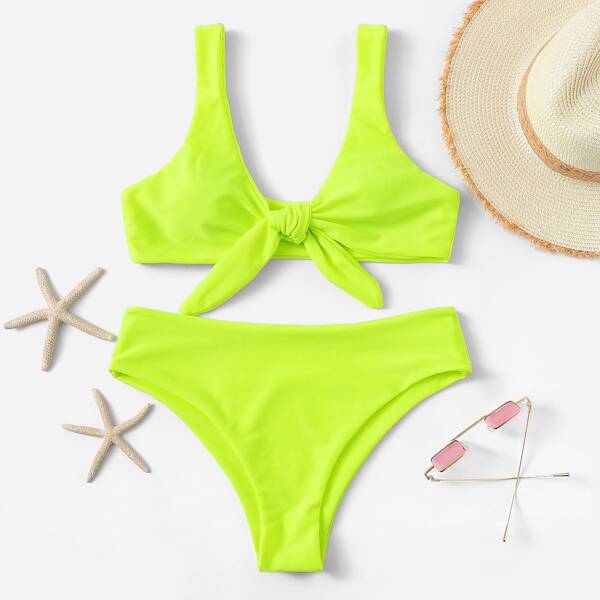 

Neon Lime Knot Front Top With Panty Bikini, Green bright