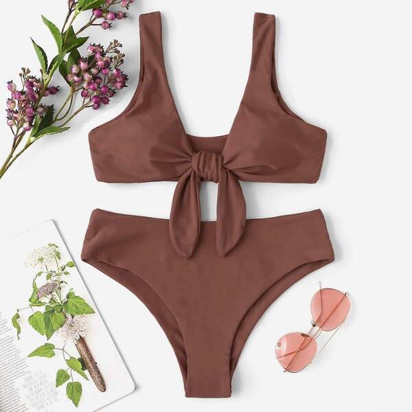 

Knot Front Top With Panty Bikini Set