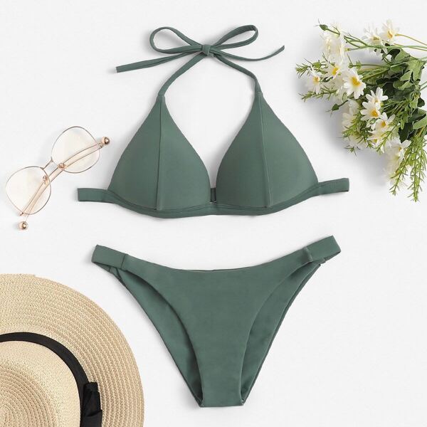 

Seam Halter Top With Tanga Bikini Set