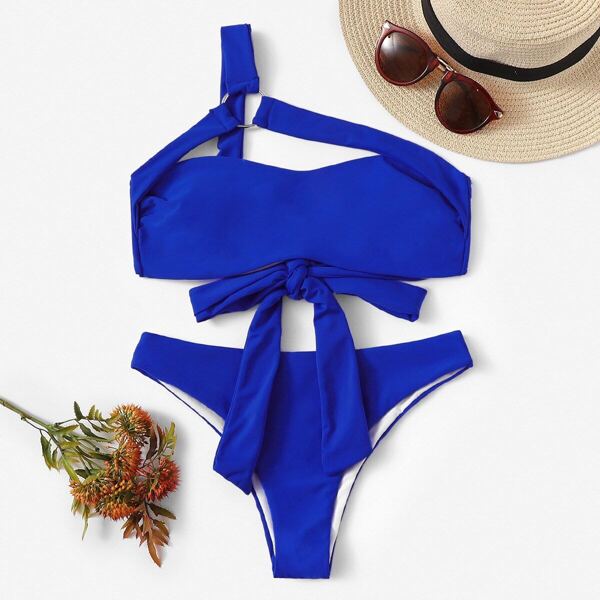 

One Shoulder Ring Linked Top With Cheeky Bikini, Blue