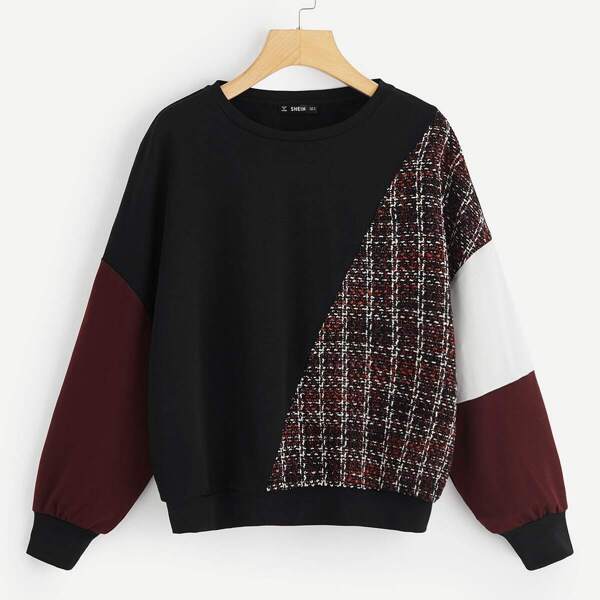 

Tweed Panel Cut-and-sew Pullover, Multicolor