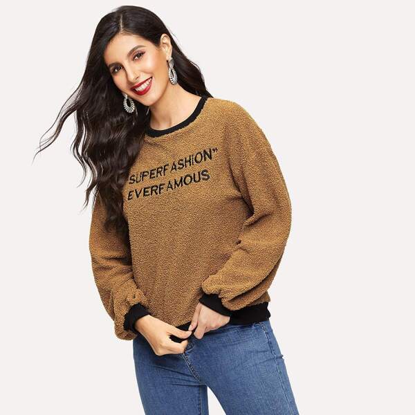 

Drop Shoulder Letter Embroidery Teddy Pullover