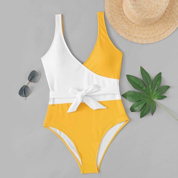

Two Tone Belted One Piece Swimwear, Multicolor