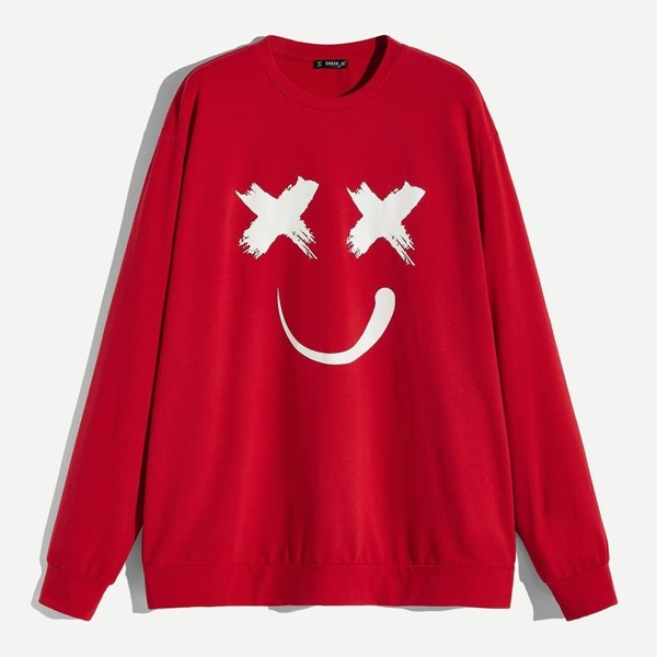 

Men Crew Neck Cartoon Print Pullover, Red
