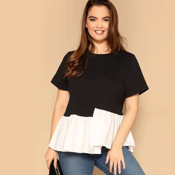 

Plus Two-tone Asymmetrical Hem Top, Black and white
