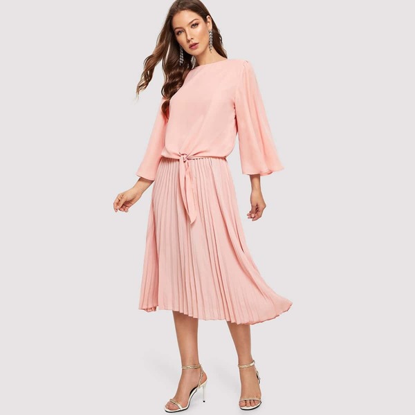 

Knotted Front Bell Sleeve Top & Pleated Skirt Set