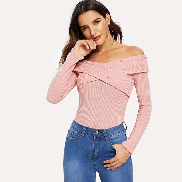 

Pearl Beading Cross Wrap Ribbed Bardot Tee