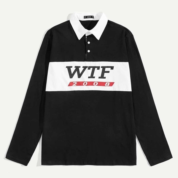 

Men Contrast Collar Letter Print Polo Shirt, Black