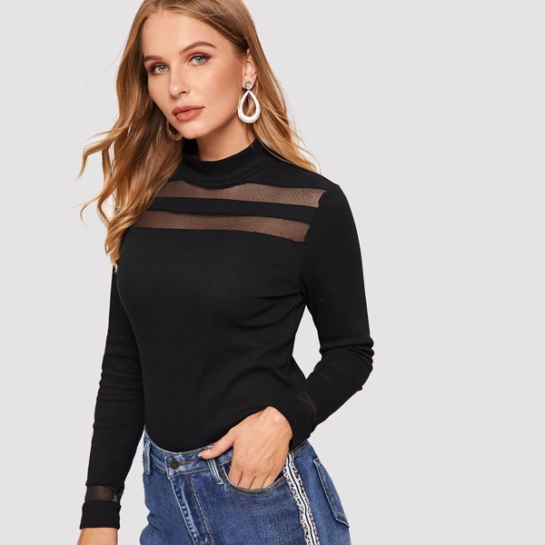 

Mock Neck Mesh Insert Top