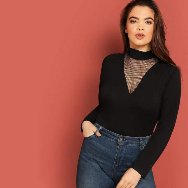 

Plus Eyelet Mesh Insert Mock-neck Tee