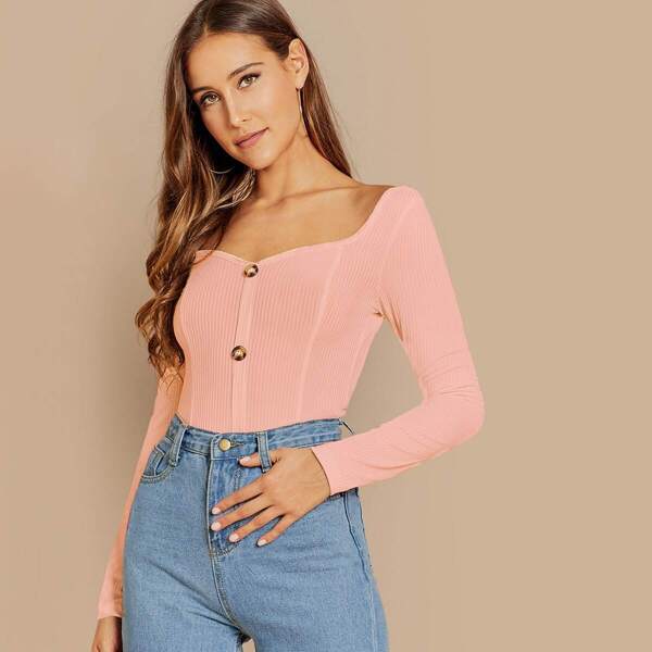 

Sweetheart Button Front Rib-knit Top, Pink