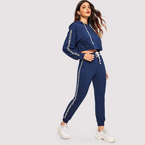 

Letter Print Hoodie and Drawstring Waist Sweatpants Set, Navy
