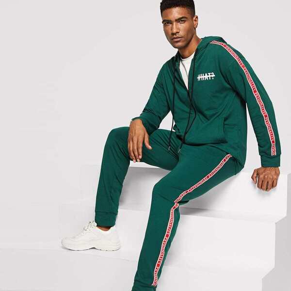 

Men Lettering Tape Detail Zip Up Hoodie & Pants Set