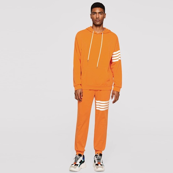 

Men Pocket Front Striped Hoodie and Sweatpants Set