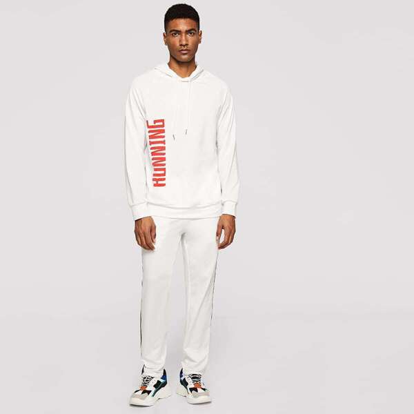 

Men Letter Print Drawstring Hoodie & Striped Pants Set, White