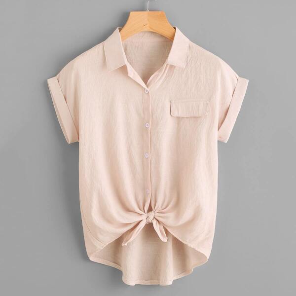 

Rolled Cuff Knotted Hem Shirt, Baby pink