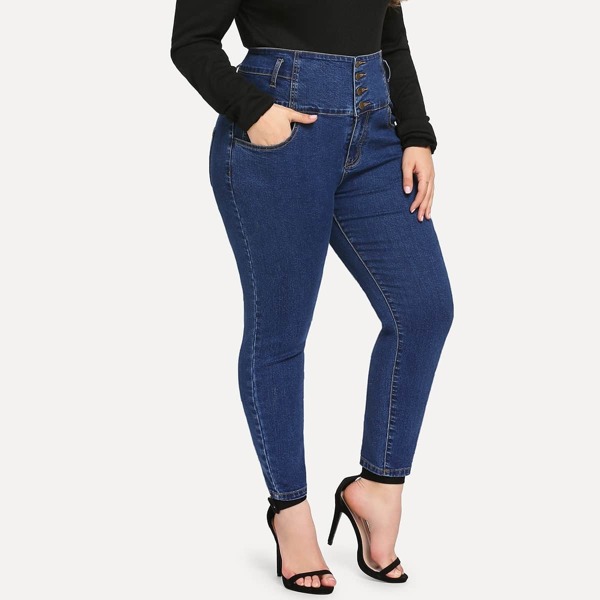 

Plus High Waist Button Jeans, Navy