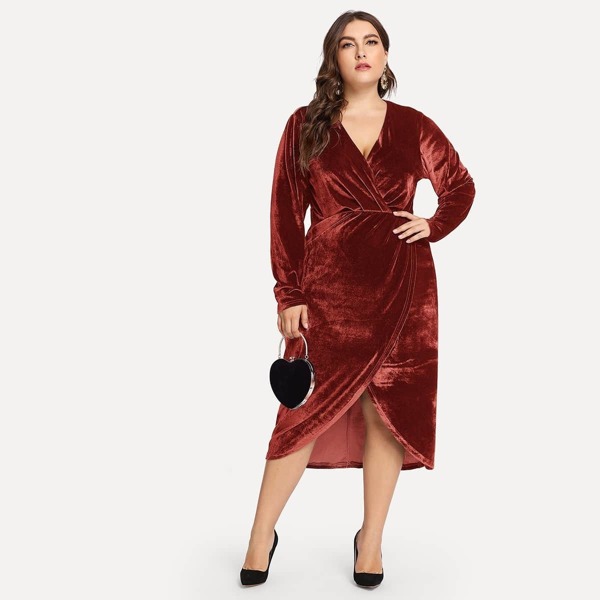 

Plus Plunge Neck Wrap Velvet Dress