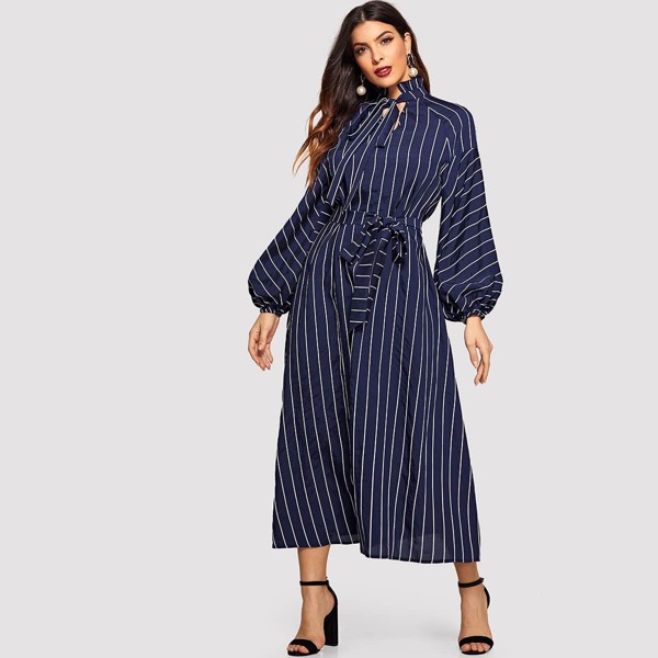 

Tie Neck Raglan Lantern Sleeve Striped Dress, Navy