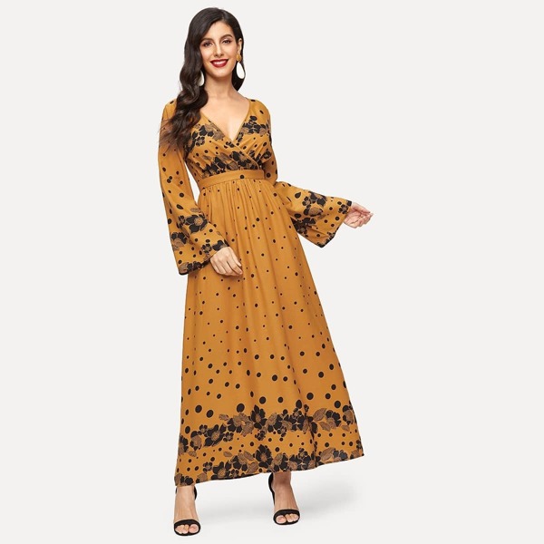 

Dot & Floral Bell Sleeve Surplice Maxi Dress, Yellow