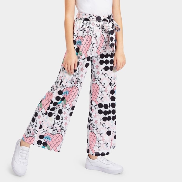 

Girls Mixed Print Wide Leg Pants With Belt