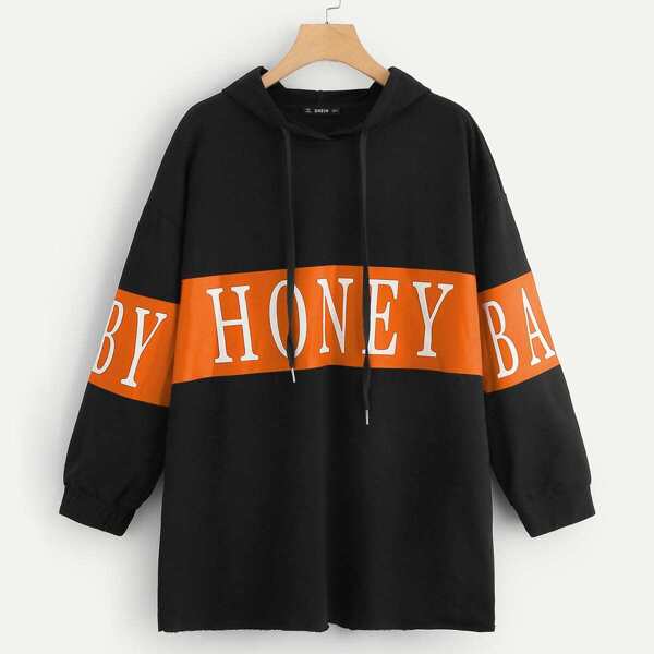 

Drop Shoulder Letter Print Drawstring Hoodie