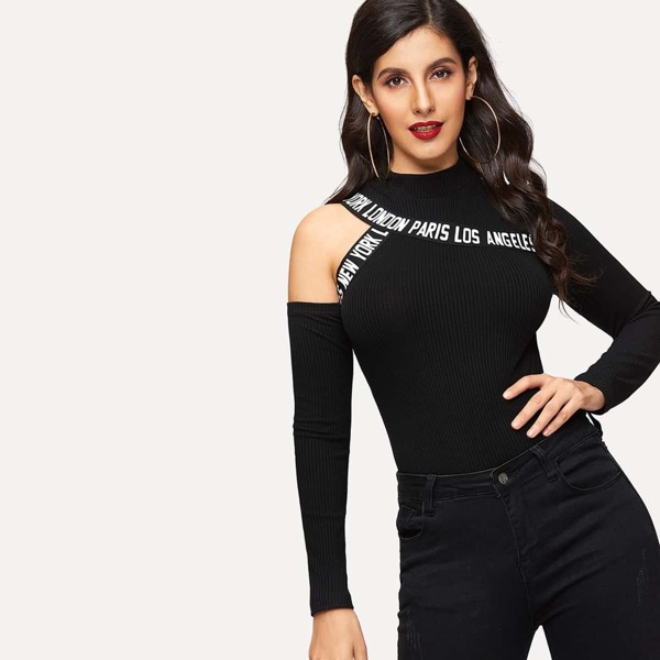 

Letter Tape Cut-out Shoulder Rib-knit Tee