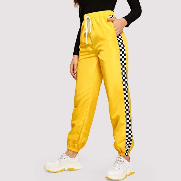

Checked Side Seam Elastic Hem Windbreaker Pants