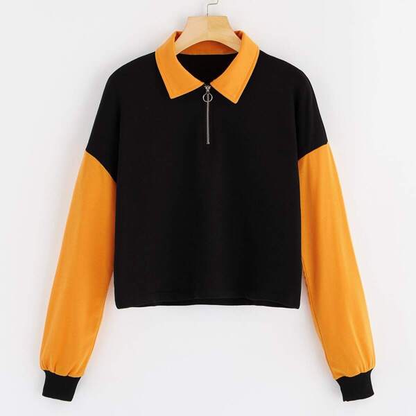 

Drop Shoulder Color-block Half Placket Sweatshirt