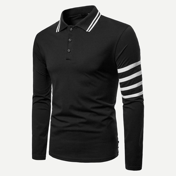 

Men Asymmetric Striped Sleeve Button Hem Polo Shirt, Black