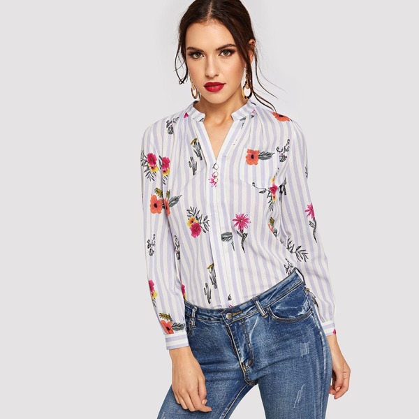 

Floral Print Button Decoration Striped Blouse, Multicolor